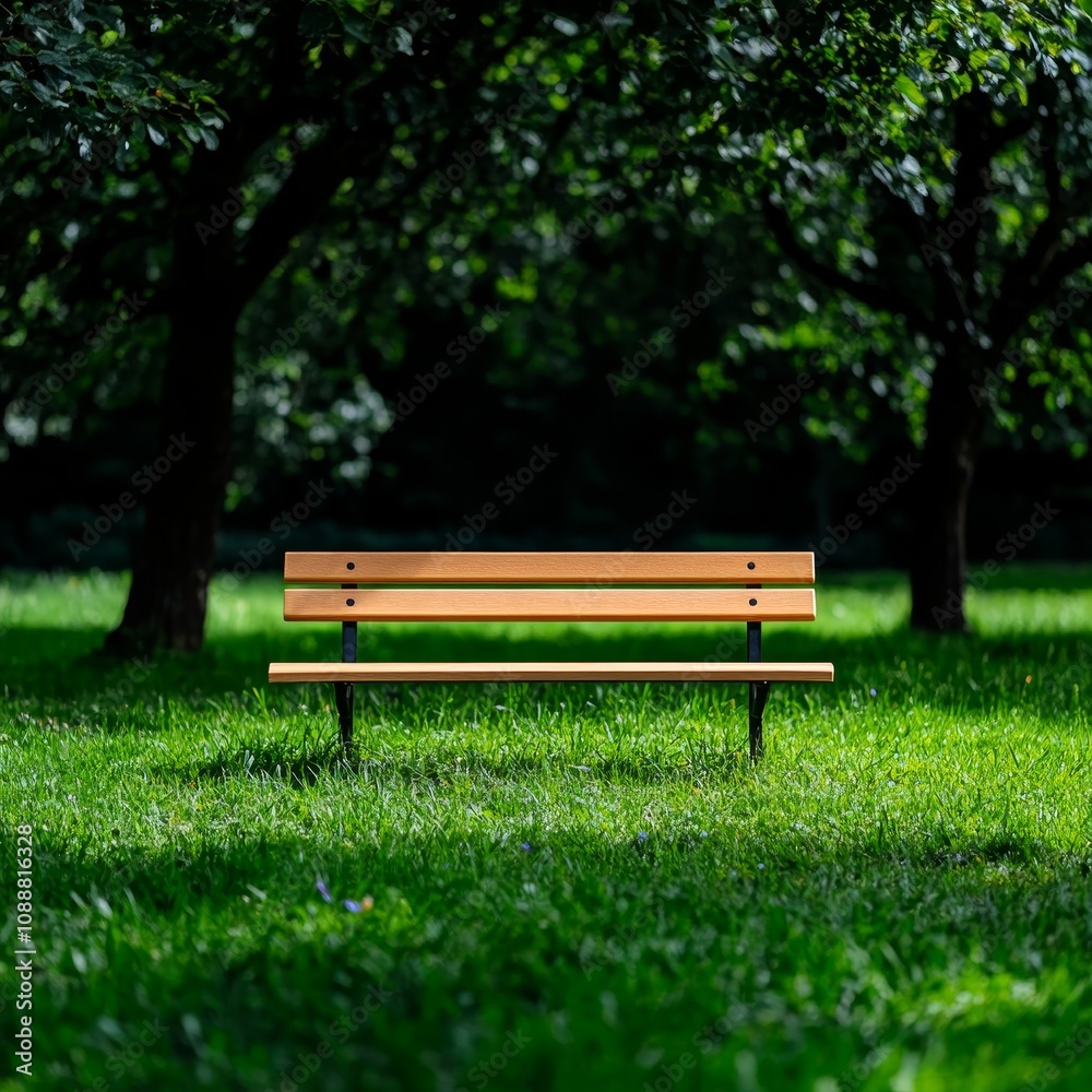 Serene Park Bench Tranquil Nature Scene Relaxing Outdoor Space Wooden Seat Green Grass Serene Park Bench Tranquil Nature Scene Relaxing Outdoor Space Wooden Seat Green Grass