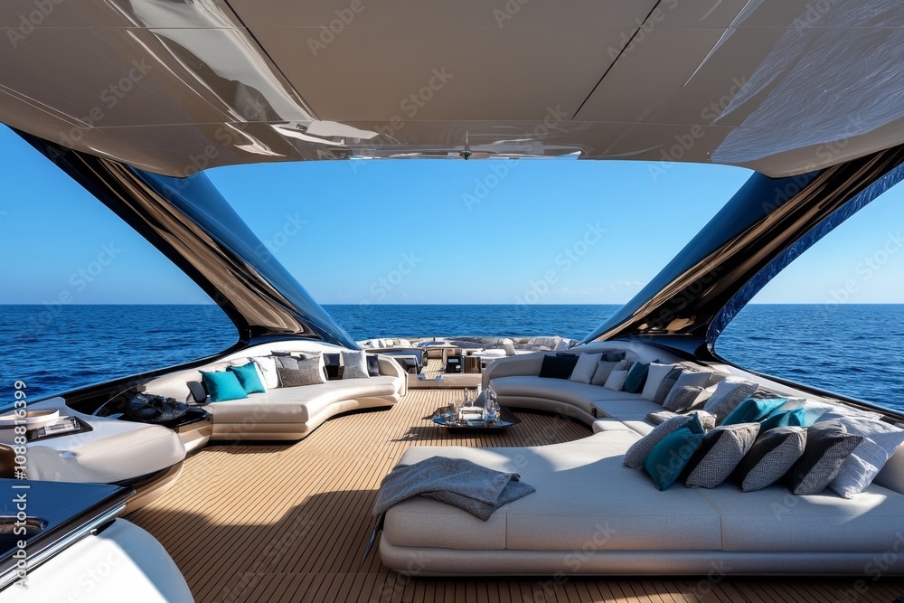 Luxury yacht interior showing a spacious living room with panoramic ...