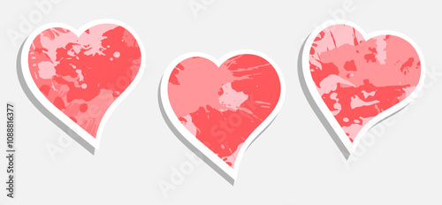 Pink heart shaped stickers droped colored blots and dots of paint splatter. Set of greeting cards for Valentine Day February 14. Isolated vector on grey background