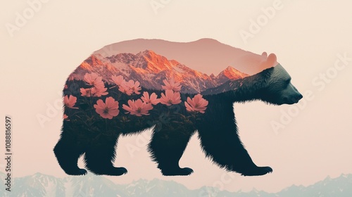 A bear silhouette filled with a scenic mountain landscape and flowers, blending nature and wildlife in a visually striking design.