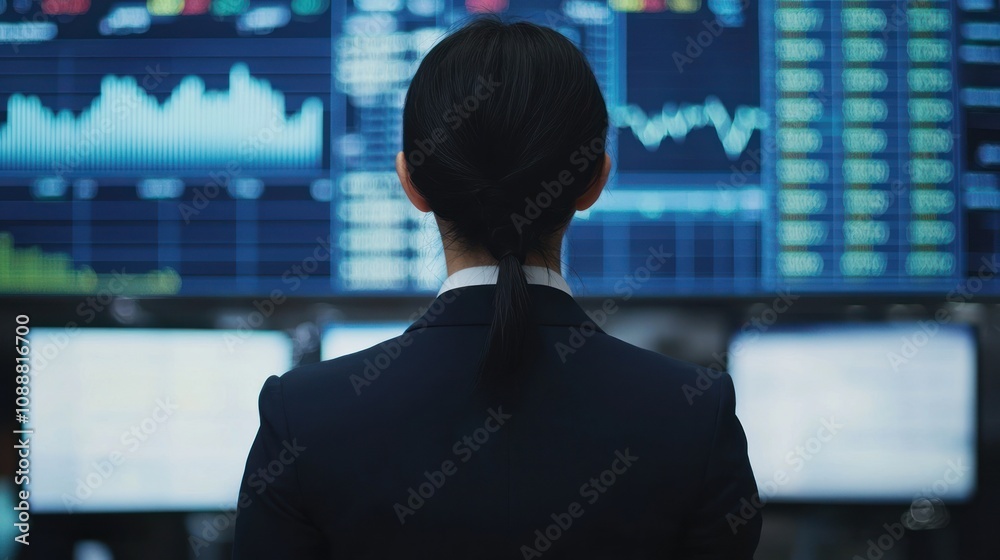Fototapeta premium A business professional observes financial data displayed on multiple screens, indicating a focus on stock market trends and analytics.