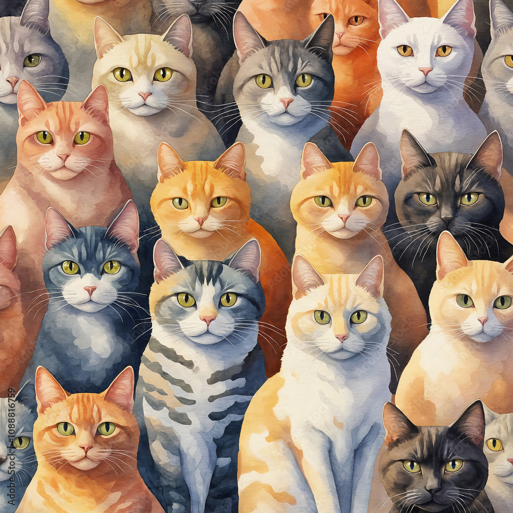 Group of sweet cats sitting closely, their faces creating a delightful pattern. Painted in soft watercolor with earthy tones, perfect for cat lovers. Group of sweet cats sitting closely, their faces creating a delightful pattern. Painted in soft watercolor with earthy tones, perfect for cat lovers.