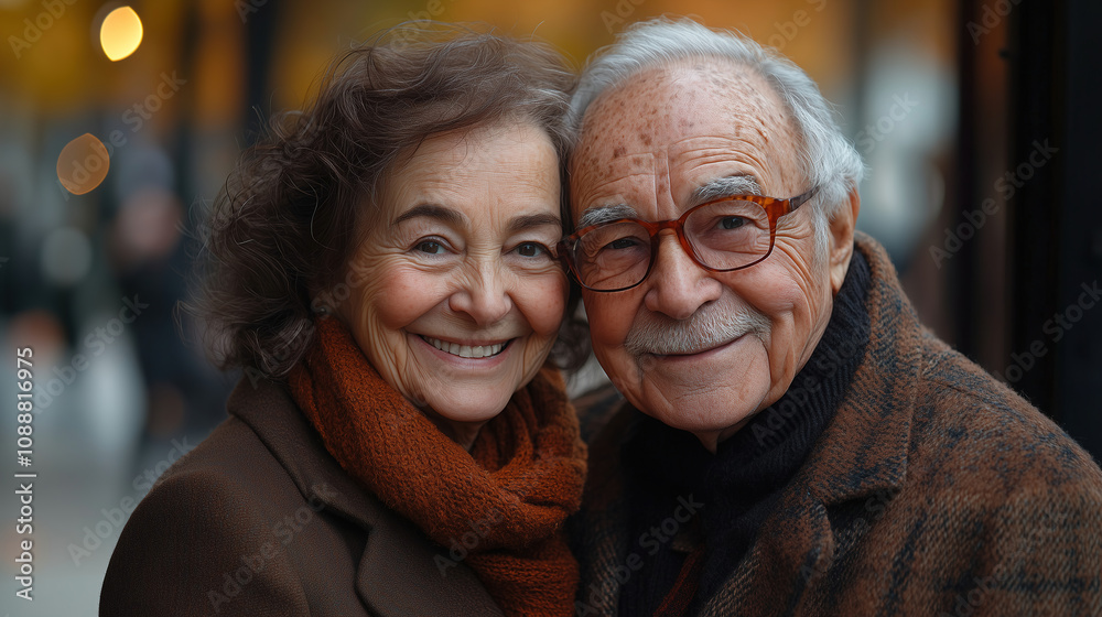 Elderly couple smiles warmly while standing together in a city street during autumn. Generative AI Elderly couple smiles warmly while standing together in a city street during autumn. Generative AI