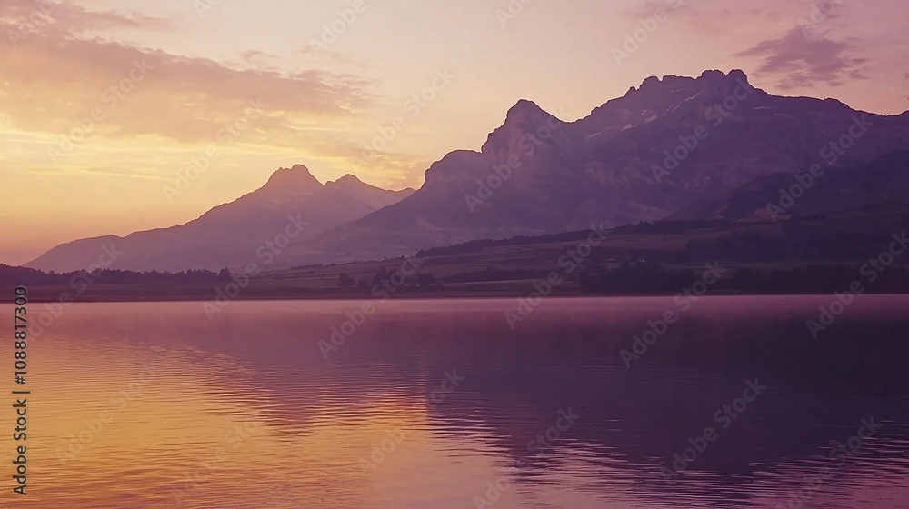 A scenic view of a mountain range reflected in a still lake at dawn. A scenic view of a mountain range reflected in a still lake at dawn.