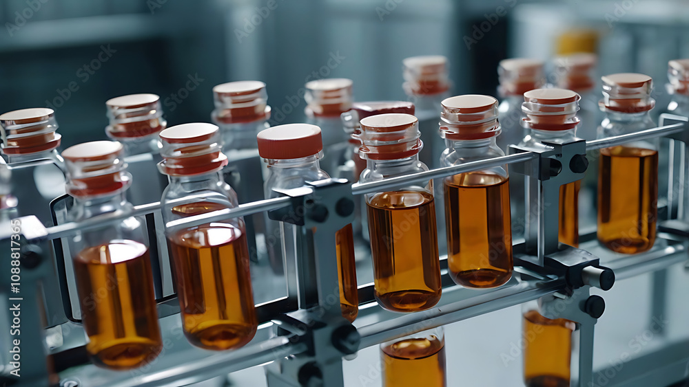 Close-Up View of Vials on a Pharmaceutical Production Line for Medicine Manufacturing Close-Up View of Vials on a Pharmaceutical Production Line for Medicine Manufacturing