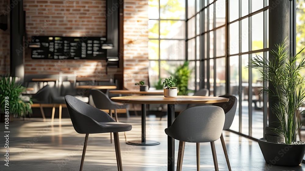 Fototapeta premium Sunlit cafe interior with tables, chairs, and plants.