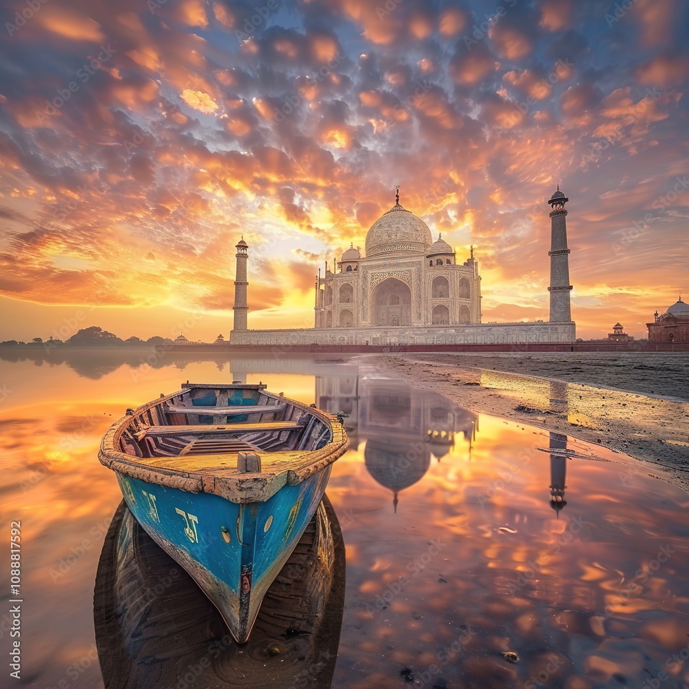Fototapeta premium Tajmahal middle of the beach in sunrise with boat