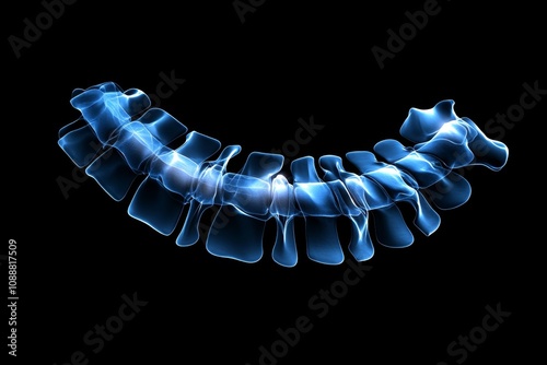 Pediatric X-ray of the spine with scoliosis, showing vertebral curvature and medical annotations photo