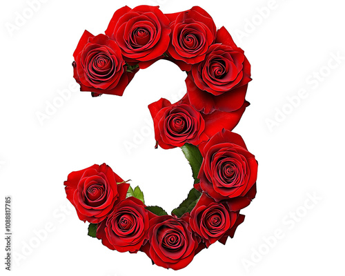 Number 3 made of fresh red roses. Baby girl birthday. Digit 