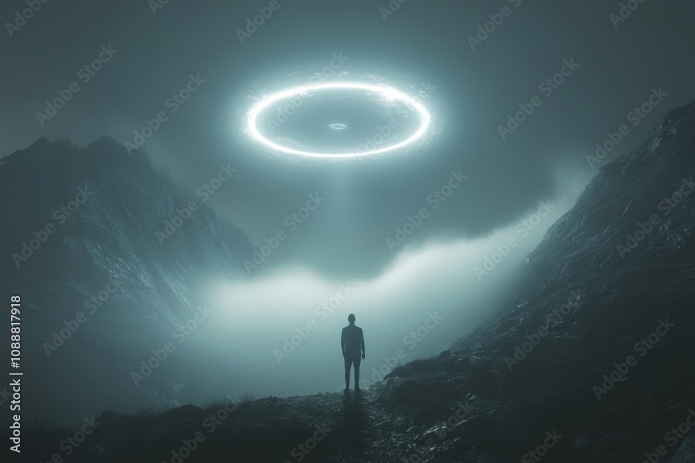 Fototapeta premium man stands in mountains and fog, UFO hovers in the sky with light illuminates 