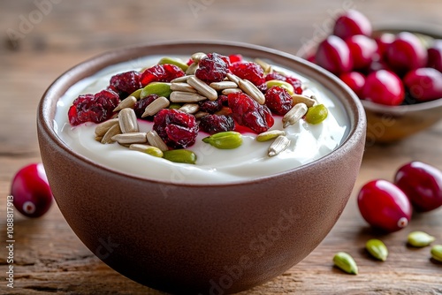 Plain yogurt topped with sunflower seeds and dried cranberries on a rustic wooden table