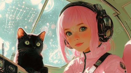 A pink-haired astronaut girl and her black cat in a spaceship with a cosmic view. photo