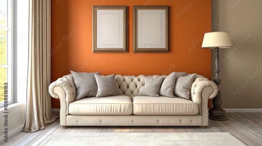 Fototapeta premium Cream sofa, orange wall, frames, floor lamp, curtains, rug.