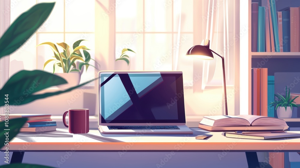 Fototapeta premium Serene Workspace with Laptop, Books, Coffee Mug, and Natural Light Streaming Through Window for Inspiring Creative Ideas and Productivity Boost