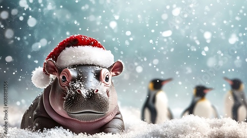 Playful Pygmy Hippo in Festive Winter Scene