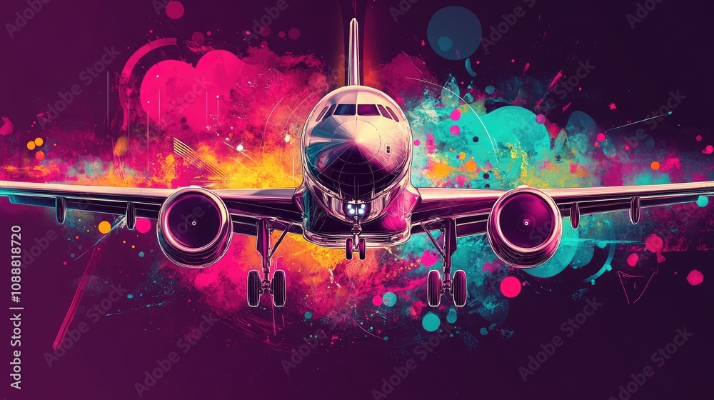 Fototapeta premium Airplane front view, vibrant colorful abstract background.
