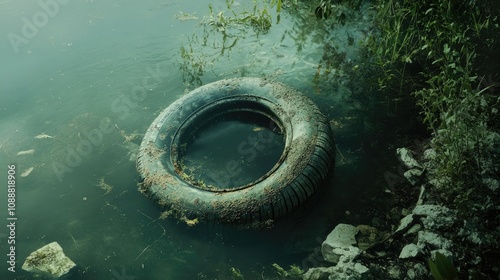 Old tire submerged in murky water near riverbank.