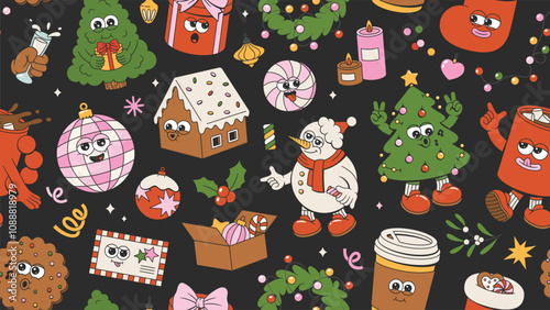 Merry Christmas and Happy New Year seamless pattern. Pin tree, wreath, garland, gifts, balls, Santa Claus, confetti of trendy retro mascot style. Happy groovy cartoon elements. 