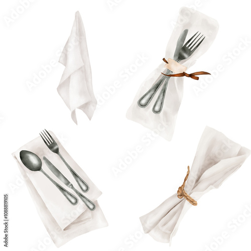 Fork and knife wrapped in linen napkin, serving set. Watercolor digital illustration. Set of folded linen napkins and hanging cotton towel, isolated on white background.
