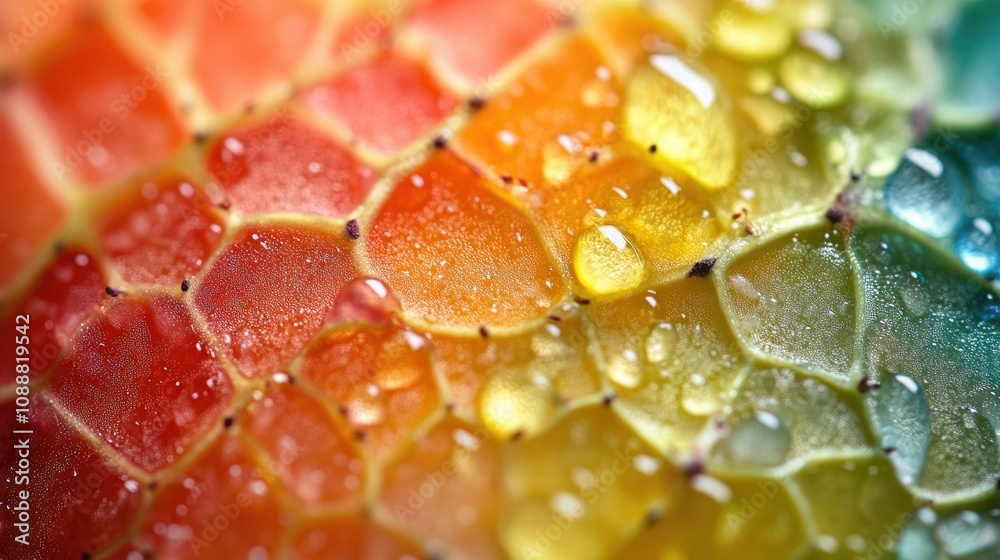 Close-up of vibrant, multicolored scales with water droplets. Close-up of vibrant, multicolored scales with water droplets.
