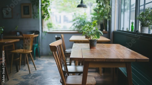 Sunlit cafe interior with wooden tables, chairs, and potted plants.