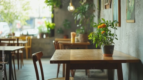 Empty wooden table in a cozy cafe with plants and natural light.