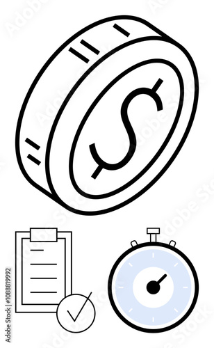 Dollar coin checklist with a tick and stopwatch. Ideal for finance, time management, productivity, organization, efficiency, deadlines, goal setting. Line metaphor
