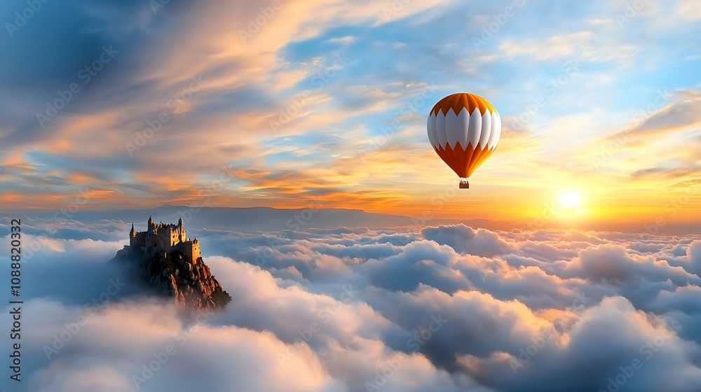 Obraz premium Magical sunset over majestic mountain peak with hot air balloon soaring above ethereal clouds creating a serene and inspiring landscape for and wanderlust
