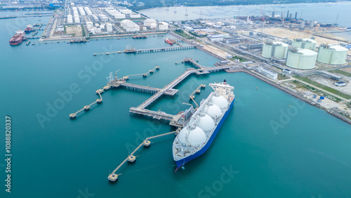 LNG (Liquified Natural Gas) tanker anchored in Gas terminal gas tanks for storage. Oil Crude Gas Tanker Ship. LPG at Tanker Bay Petroleum Chemical or Methane freighter export import transportation