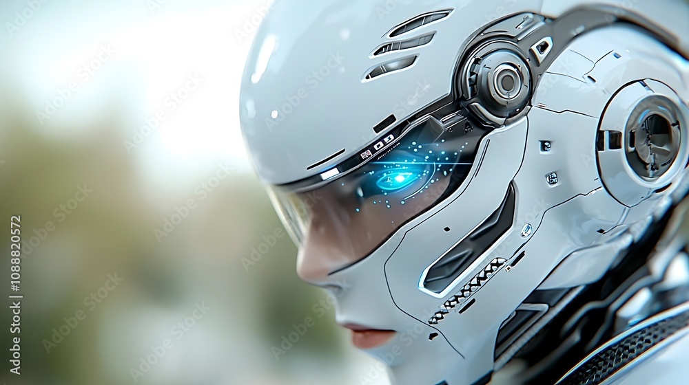 Detailed close up of a high tech futuristic cyborg face with a glowing visual interface and various mechanical components suggesting advanced intelligence and robotic technology Detailed close up of a high tech futuristic cyborg face with a glowing visual interface and various mechanical components suggesting advanced intelligence and robotic technology