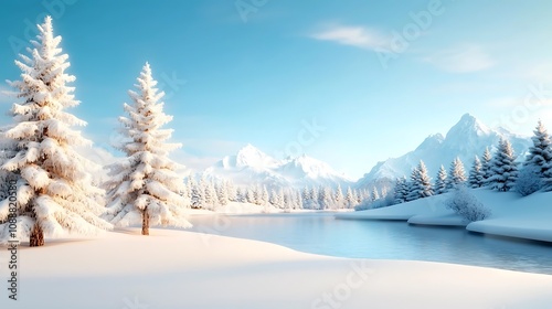 Breathtaking snowy landscape of majestic mountains and towering evergreen trees in a tranquil winter wonderland Peaceful calm and serene scene of a frozen valley with a pristine