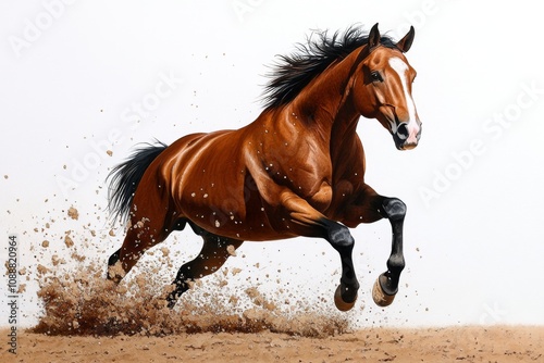 Watercolor of a horse running across an open field, with earthy tones and dynamic brushwork photo