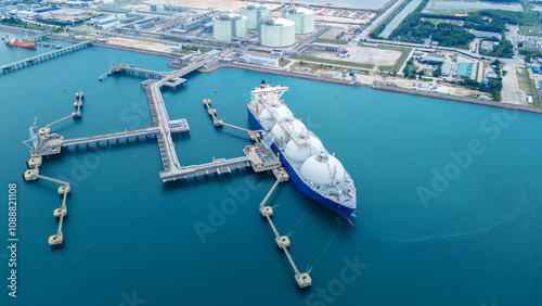 LNG (Liquified Natural Gas) tanker anchored in Gas terminal gas tanks for storage. Oil Crude Gas Tanker Ship. LPG at Tanker Bay Petroleum Chemical or Methane freighter export import transportation