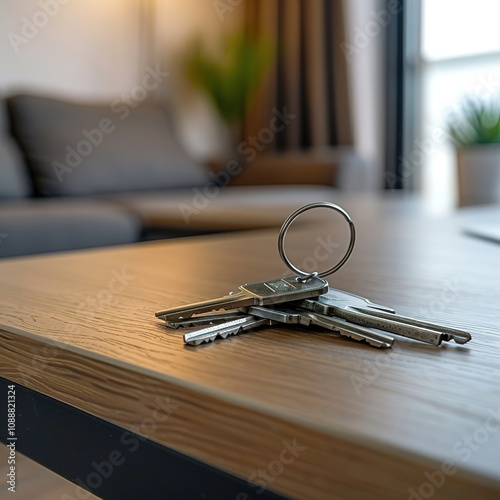 Keys on the table in new apartment or hotel