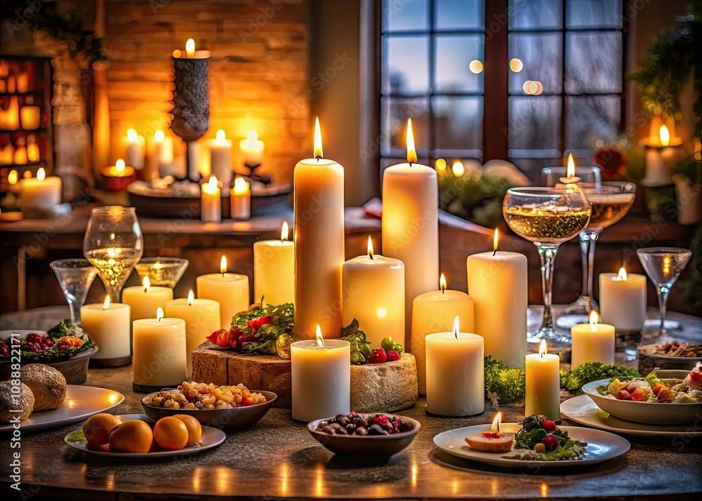 Obraz premium A Serene Ambiance of Flickering Candle Light - Captivating Food Photography with Various Lit Candles for Cozy Dining and Romantic Atmosphere
