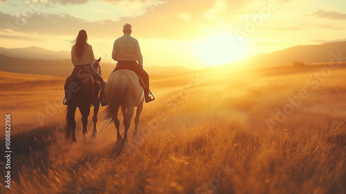 Couple riding horses at sunset through golden fields in a serene countryside setting. Generative AI