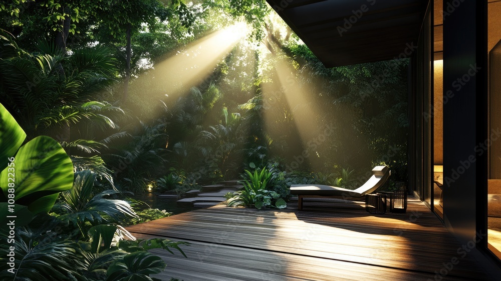 Obraz premium Sunbeams illuminate a tranquil jungle patio.