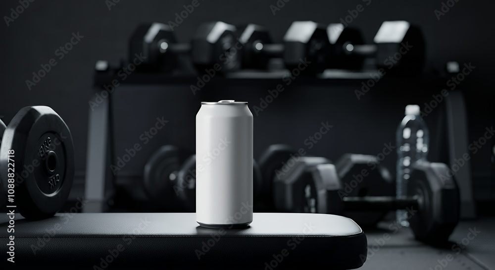 A plain energy drink can mock-up, standing on a gym bench with workout equipment in the background 3d illustration template image. A plain energy drink can mock-up, standing on a gym bench with workout equipment in the background 3d illustration template image.