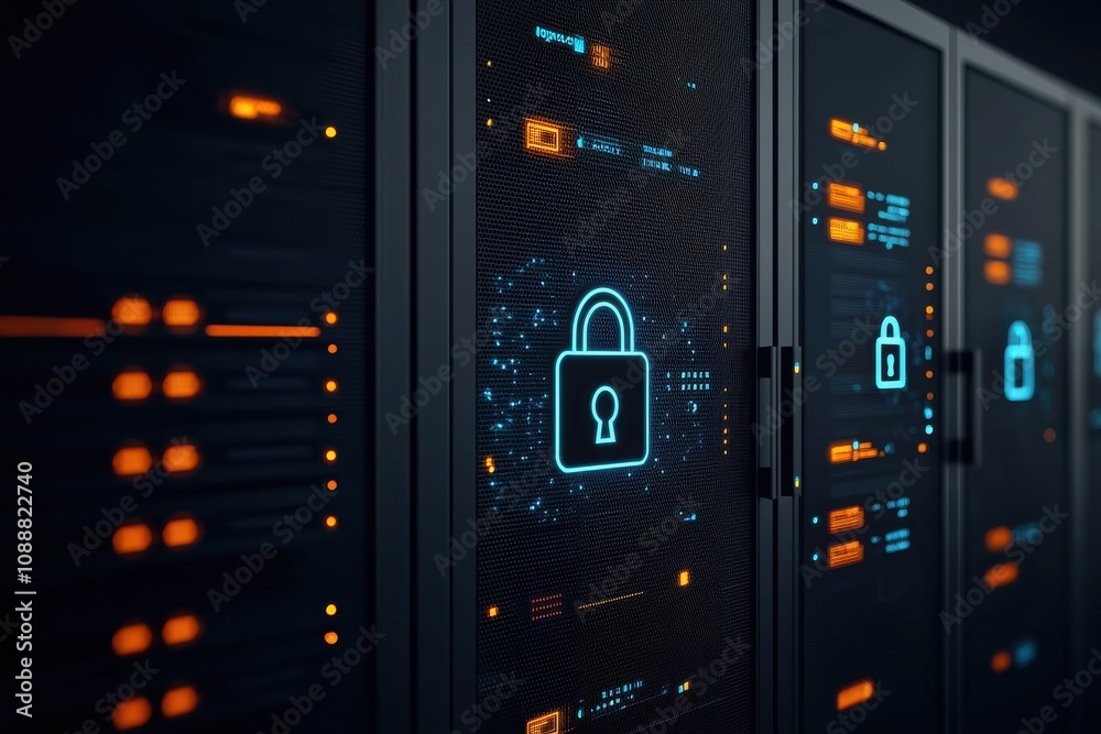 Secure network server rack data center digital infrastructure cybersecurity environment close-up view glowing blue concept