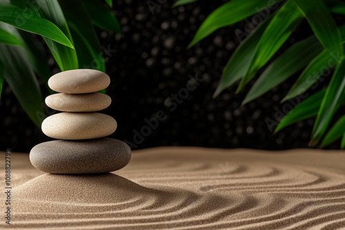 Zen stones stacked in perfect balance on a sandy surface with bamboo leaves gently framing the shot