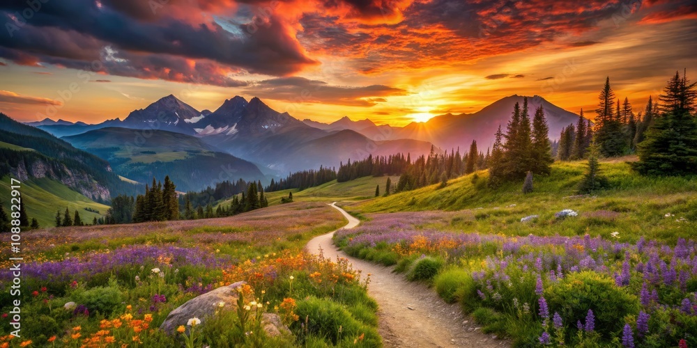 Obraz premium Breathtaking Sunset Path in Mountain Meadow - Scenic Nature Trail, Vibrant Colors, Tranquil Landscape, Peaceful Escape, Majestic Mountains, Outdoor Adventure, Serene Atmosphere, Scenic View
