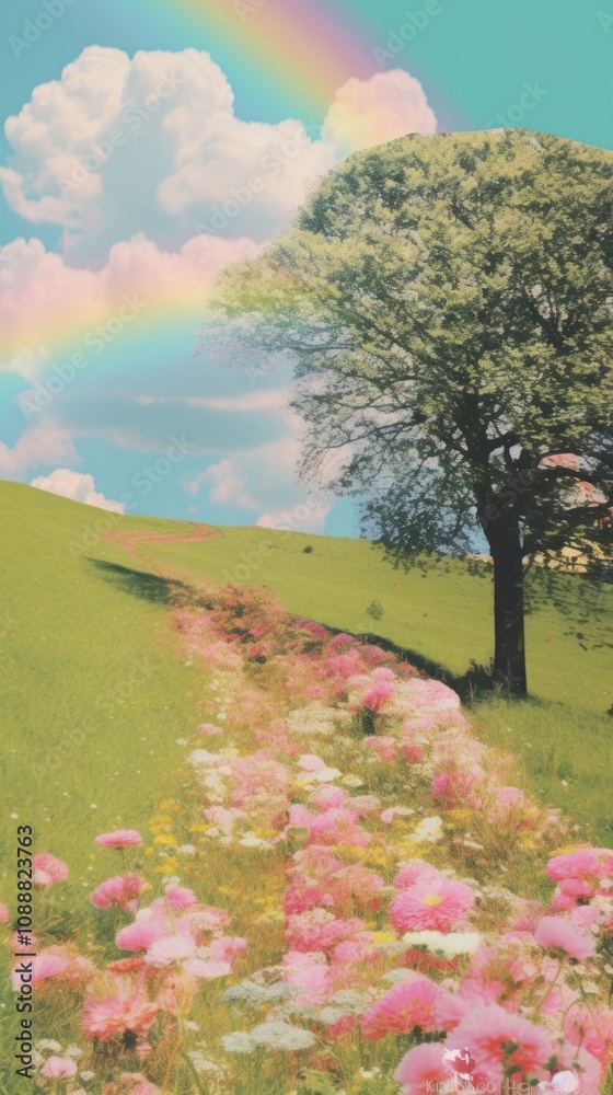 Rainbow flower field tree. Rainbow flower field tree.