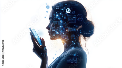 Innovative Femtech Image of Stylized Woman Interacting with Wearable Health Device and Smartphone, Icons Depicting Pregnancy, Fertility, Menstrual Health, Menopause, and Women's Well-being in a Modern photo