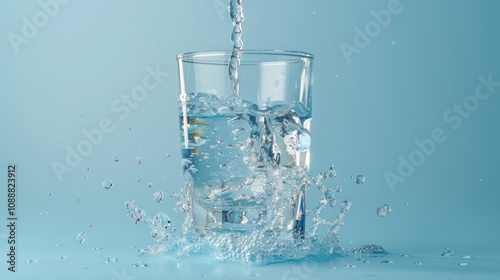 Water Splashing in a Glass on a Blue Background