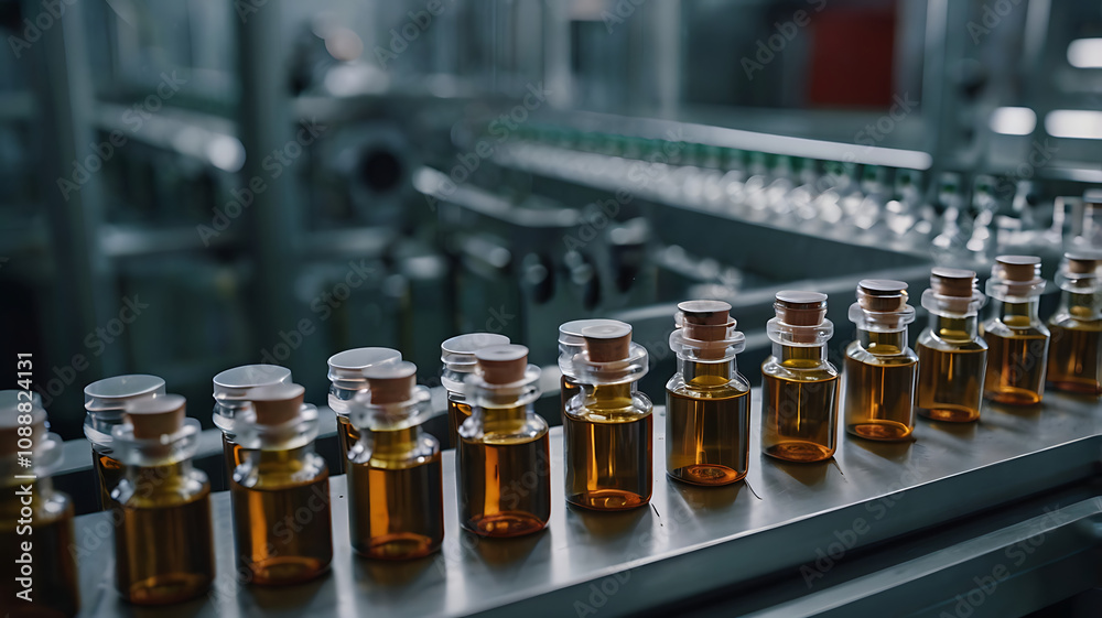 Close-Up View of Vials on a Pharmaceutical Production Line for Medicine Manufacturing Close-Up View of Vials on a Pharmaceutical Production Line for Medicine Manufacturing