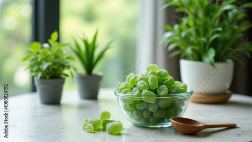 A bowl of green plant-based gummies made from Spirulina and Chlorella on a kitchen counter surrounded by potted plants.