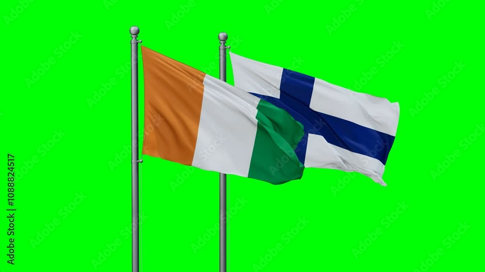 Finland and Ivory Coast flags flying together, video concept of the relationship with colored chroma key for easy background remove Finland and Ivory Coast flags flying together, video concept of the relationship with colored chroma key for easy background remove