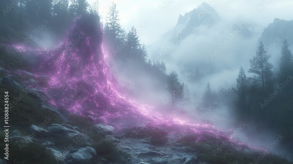 Naklejka premium A mystical landscape featuring a glowing purple flow amidst misty mountains and dense trees, creating a surreal and enchanting atmosphere.