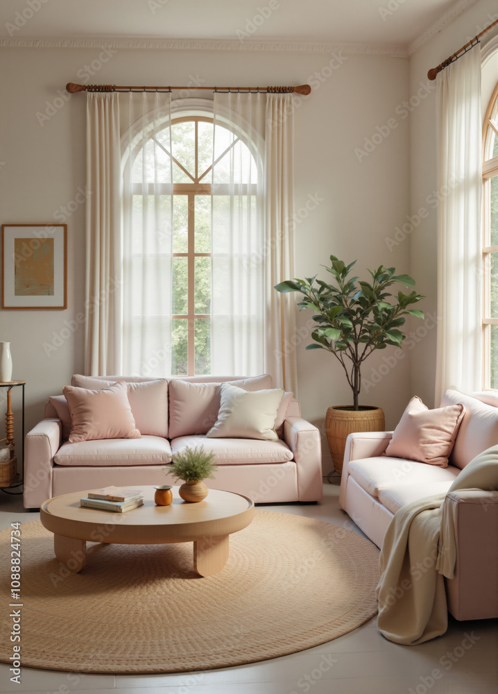 Fototapeta premium Modern living room interior with round jute rug and pink sofas