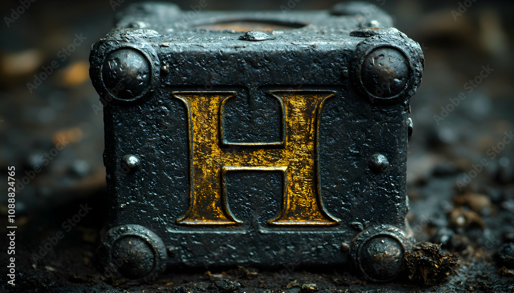 Close-up of a dark gray metal block letter H. Close-up of a dark gray metal block letter H.